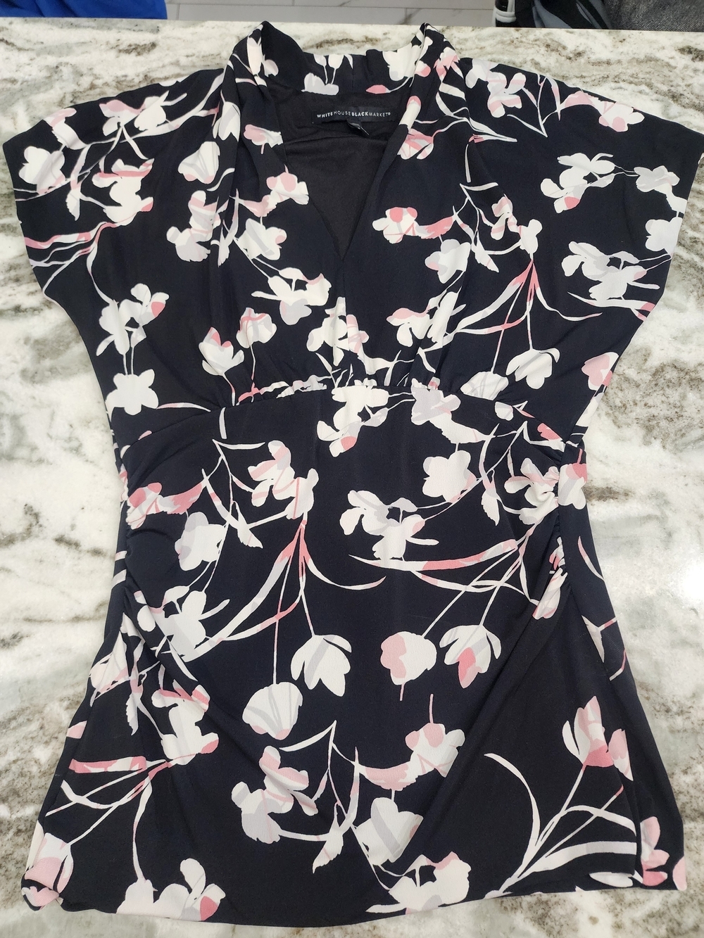 White House Black Market Floral V-Neck Blouse - Navy with Pink & White Flowers